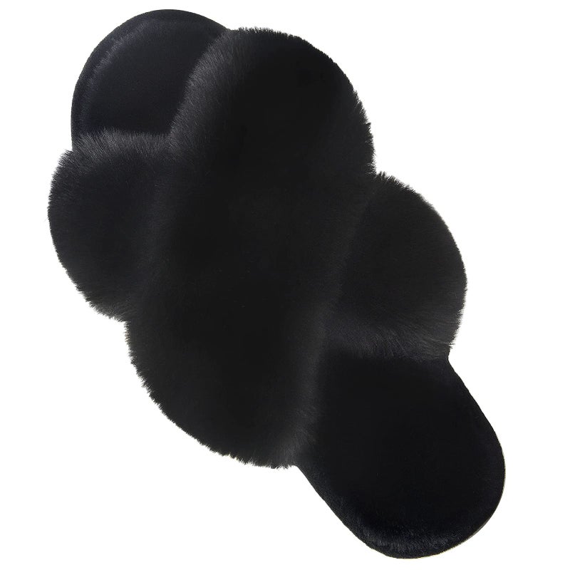 Parlovable Women's Cross Band Slippers Fuzzy Soft House Slippers Plush Furry Warm Cozy Open Toe Fluffy Home Shoes Comfy Indoor Outdoor Slip On Breathable Black 7-8 - Image 1